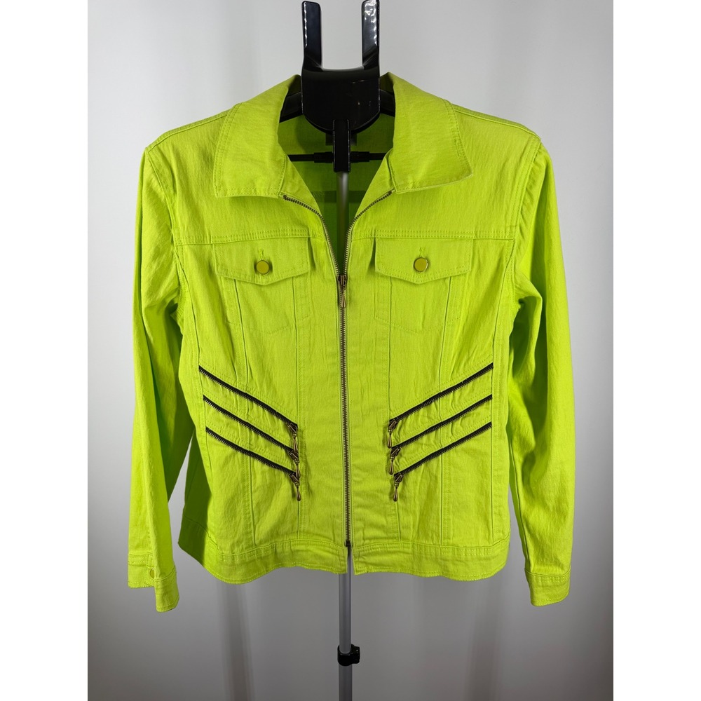 DG2 Diane Gilman Lime Green Multi Zipper Denim Jacket Neon Womens Large L